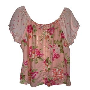 Victorias Secret Womens Large Pink Floral Blouse Top Boho Cottagecore Rosette